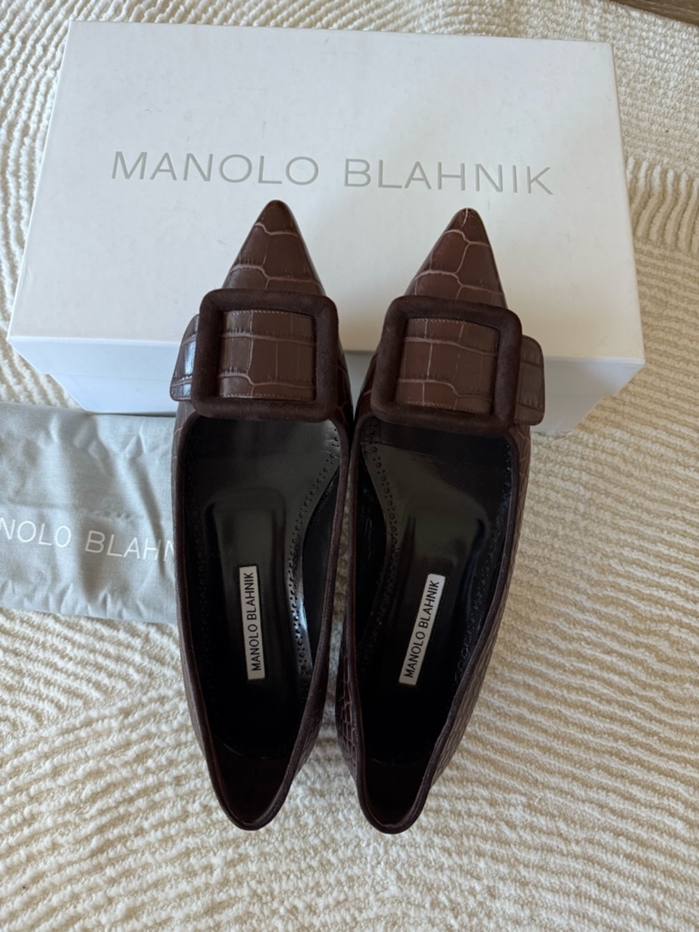 Manolo Blahnik Dark Brown Croc-Embossed Pointed Toe Flats with Buckle